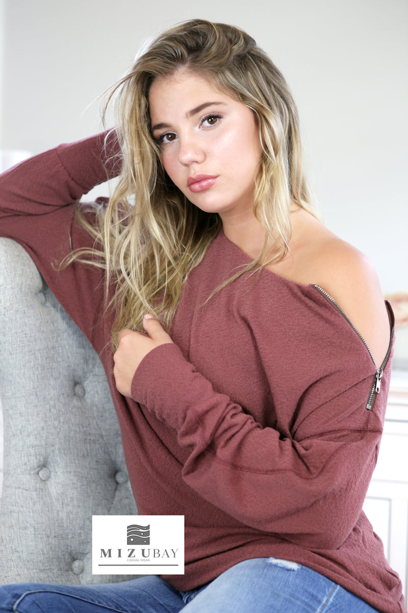 Off the shoulder Side shoulder Zip top